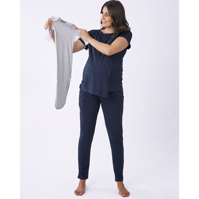 Maria 3-Piece Maternity Navy Loungewear Set with Baby Swaddle XS