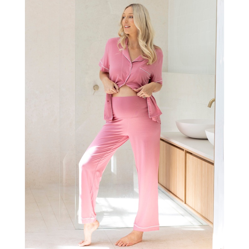 Maternity and Nursing Button Front Pajama Set in Pink XS