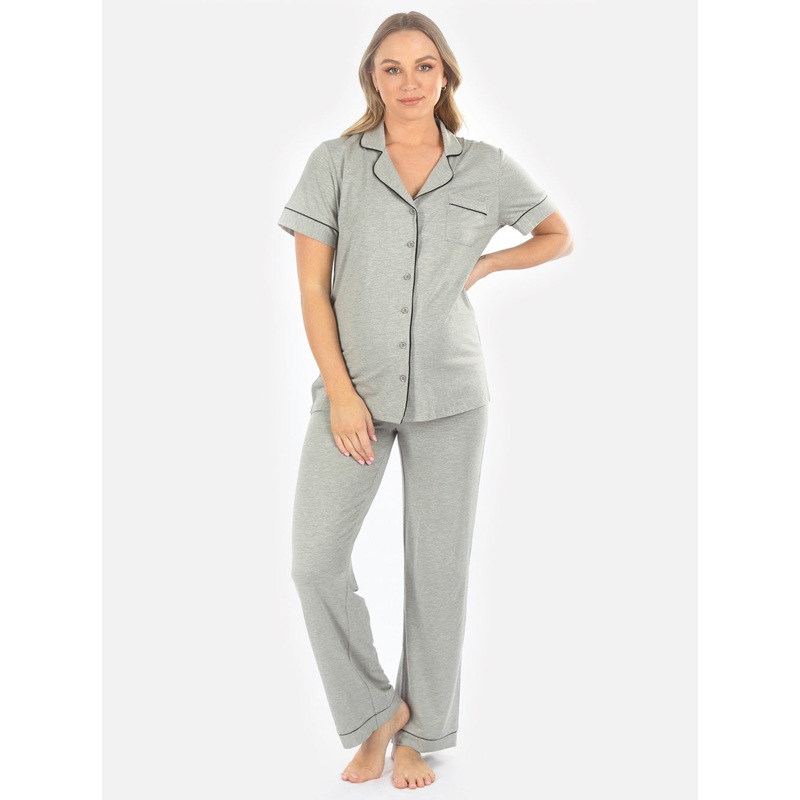 Maternity and Nursing short Sleeve Pajama Set in Marl Grey Bamboo XS N730SMG