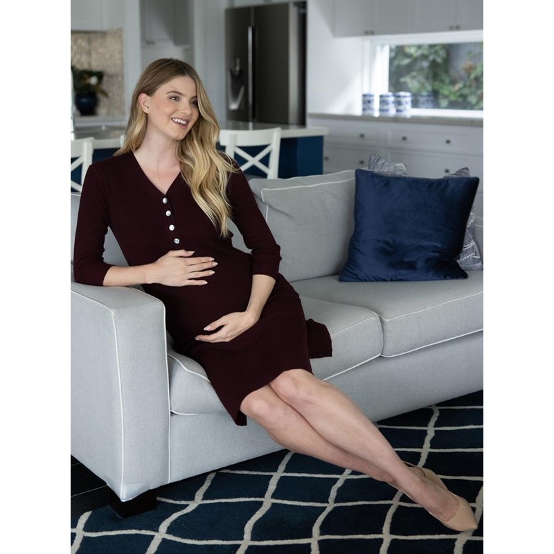 Maternity Button Front Nursing Knit Ribbed Dress – Burgundy XS N898D-#J-14