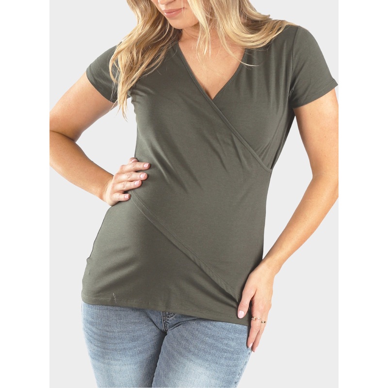 Maternity & Nursing Crossover Short Sleeve Tee in Khaki Bamboo XS
