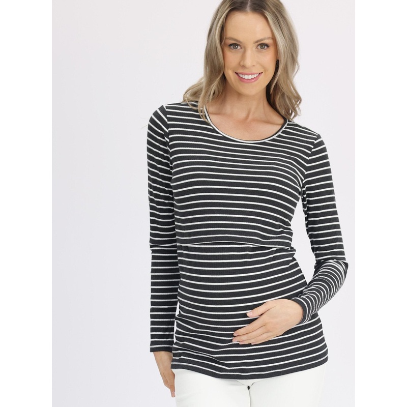Maternity & Nursing Long Sleeve Top in Black/Grey Stripe XS N2020CHAST-#E-2