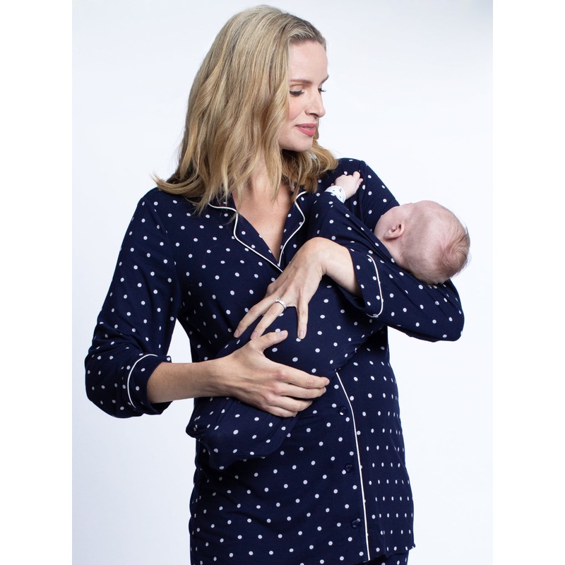 Maternity Top & Pants Pajamas Set + Free Baby Wrap – Navy Polkadots XS 721C-#D-2