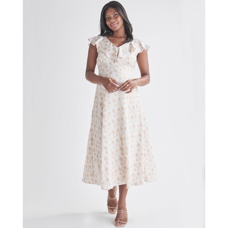 Mika Maternity Ruffle Dress in Cream Floral Silky XS