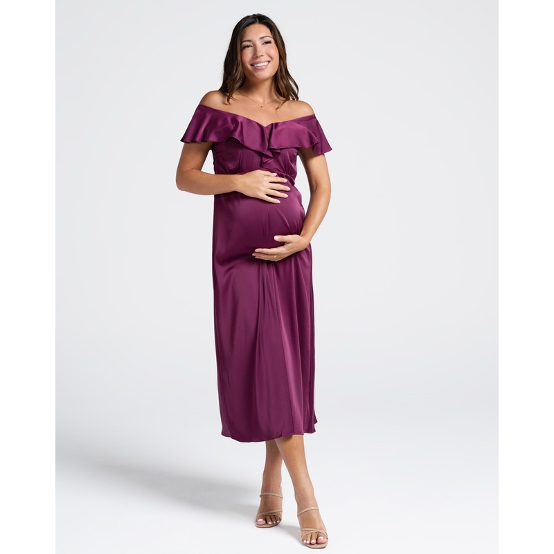 Mika Maternity Ruffle Silk Dress in  Wine XS