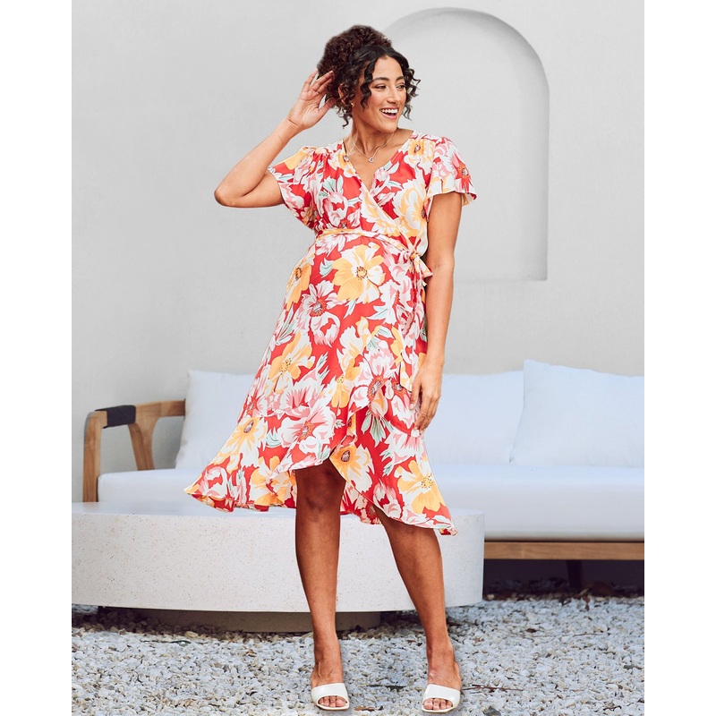 Molly Maternity Wrap Midi Dress In Red Flora S