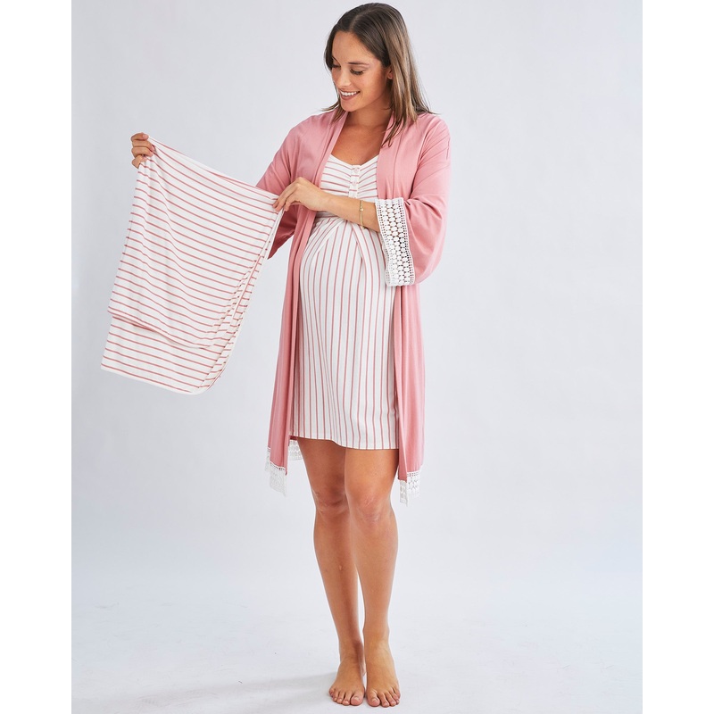 Nursing Nightie + Robe + Free Baby Blanket Pouch – Pink XS