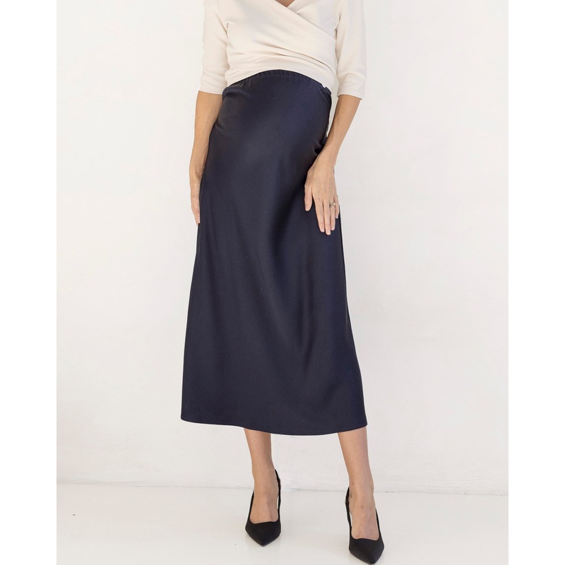 Sheena Maternity Satin-Finish Midi Work Skirt in Navy XS