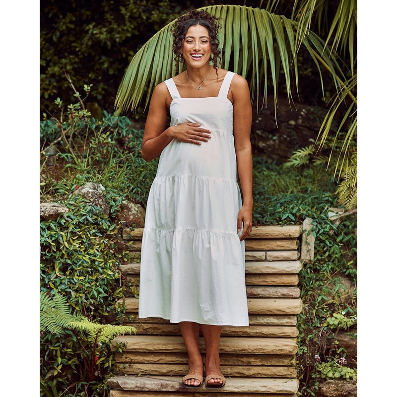 Shirley Maternity Tiered Maxi Cotton Dress in White XS