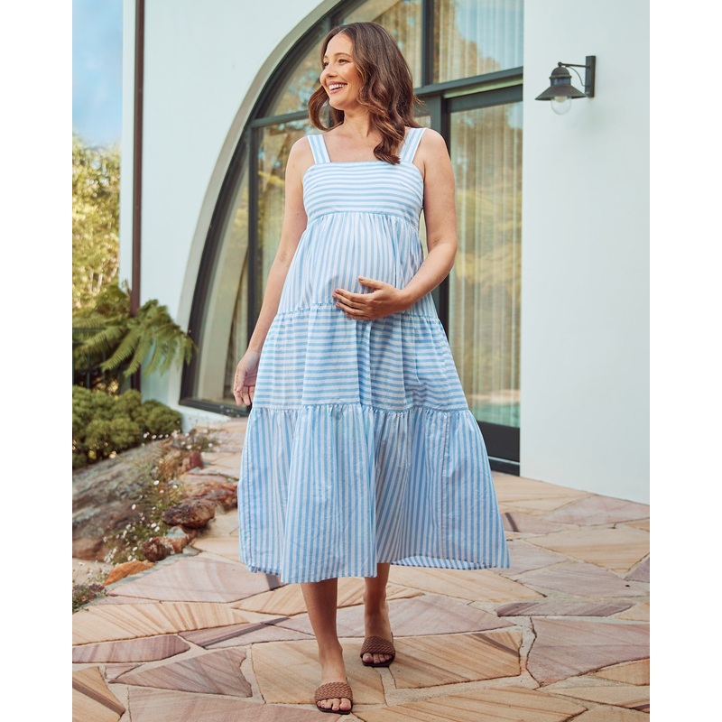 Shirley Maternity Tiered Maxi Dress in Blue Stripe XS