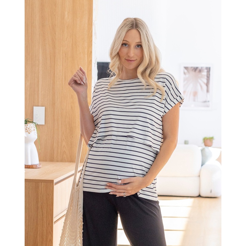 Short Sleeve Front Panel Striped Nursing Top XS