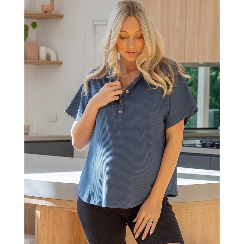 Simple Classic Ribbed Button Short Sleeve Top In Slate Blue XS