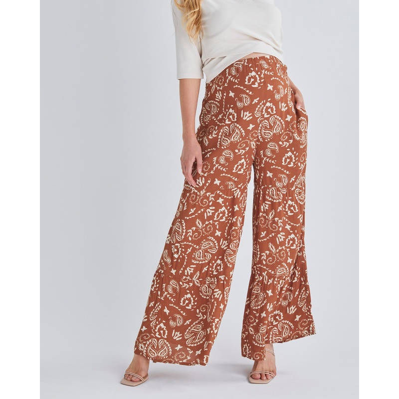 Stacie Wide Leg Maternity Ruffled Pants in Parsley Print XS