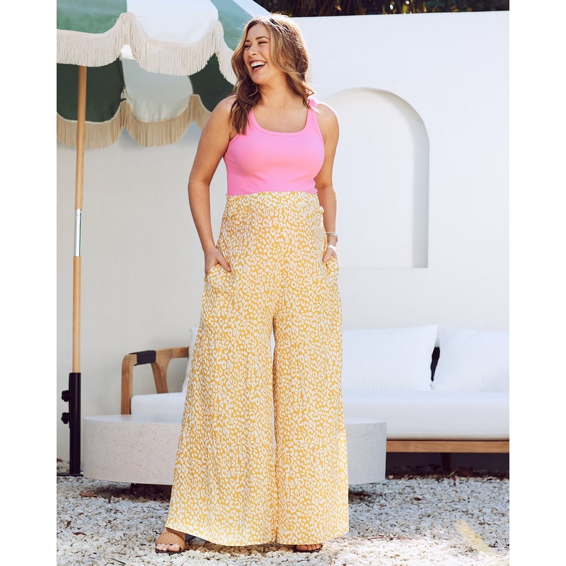 Stacie Wide Leg Maternity Ruffled Pants in Yellow Animal Print XS