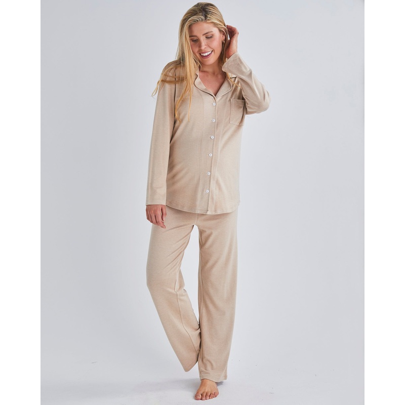 Stephanie 2-Piece Nuvem Winter Maternity Sleepwear Set in Almond Milk XS