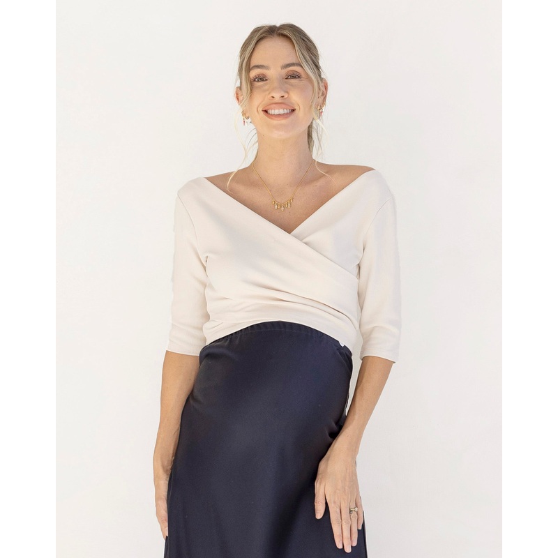 Suzie Maternity Cross Over Off Shoulder Top in Oat Milk XS