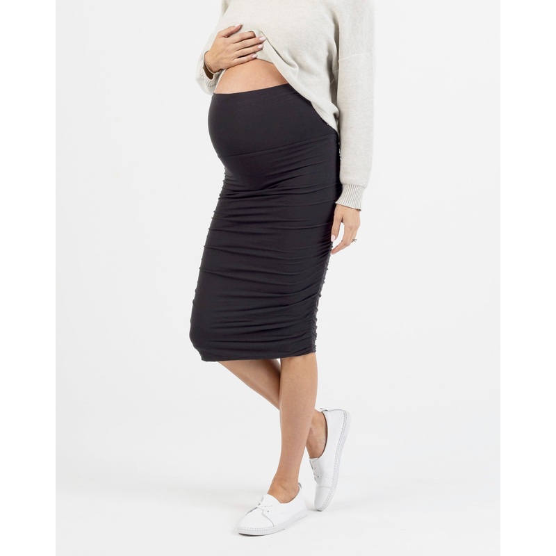 “The Ruched” Maternity Midi Skirt in Black XS