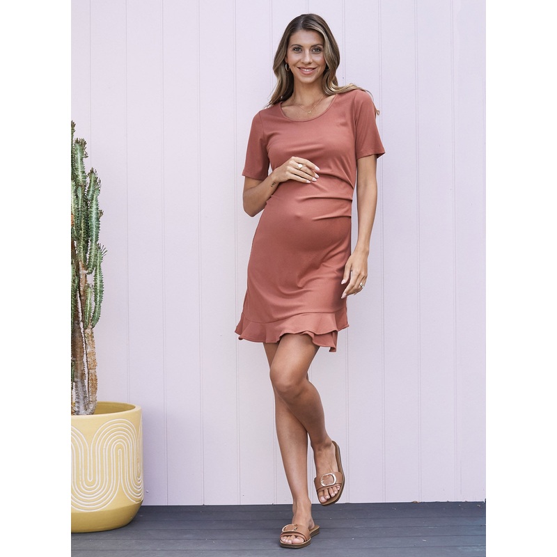 Thea Maternity Short Sleeve Frilled Dress in Dusty Rose XS 8342DR-#D-6