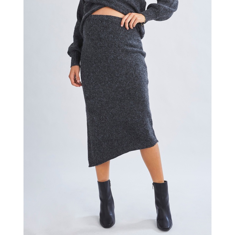 Amlie’s Enchanting Allure Asymmetrical Knit Midi Skirt -Charcoal XS