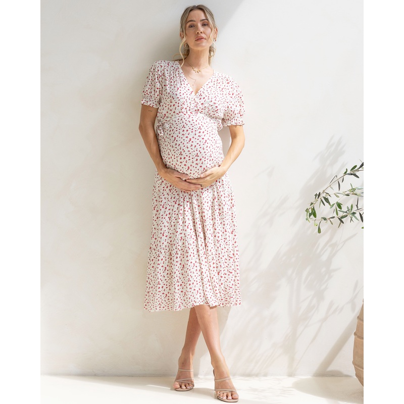 Elise Maternity Red Floral Wrap Dress XS