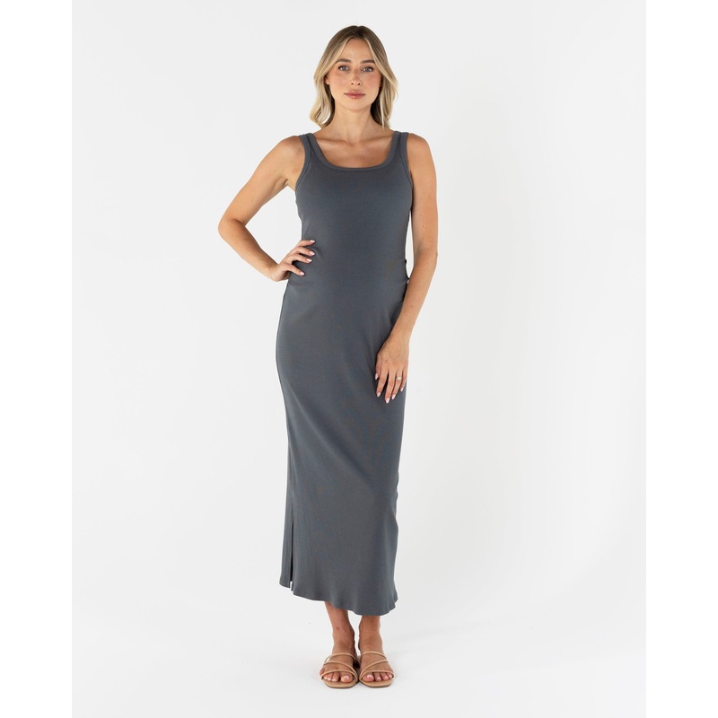 Eliza Maternity Ribbed Tube Midi Dress In Gray XS