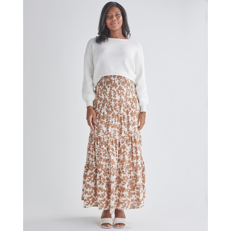 Ellie Maternity Shirred Maxi Skirt Dress in Brown Floral Print XS