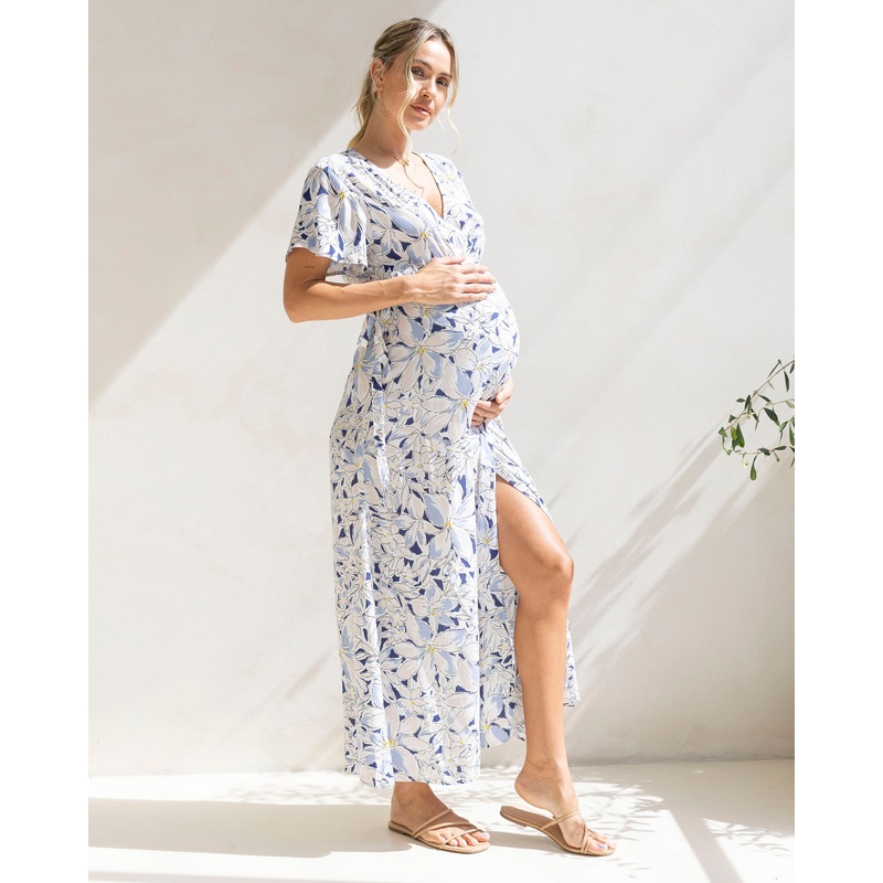 Isabella Blue Flora Maternity & Nursing Wrap Dress XS