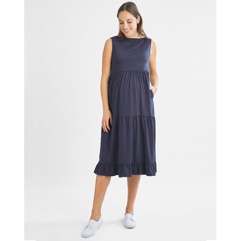 La Belle Maternity Cotton Dress In Navy XS