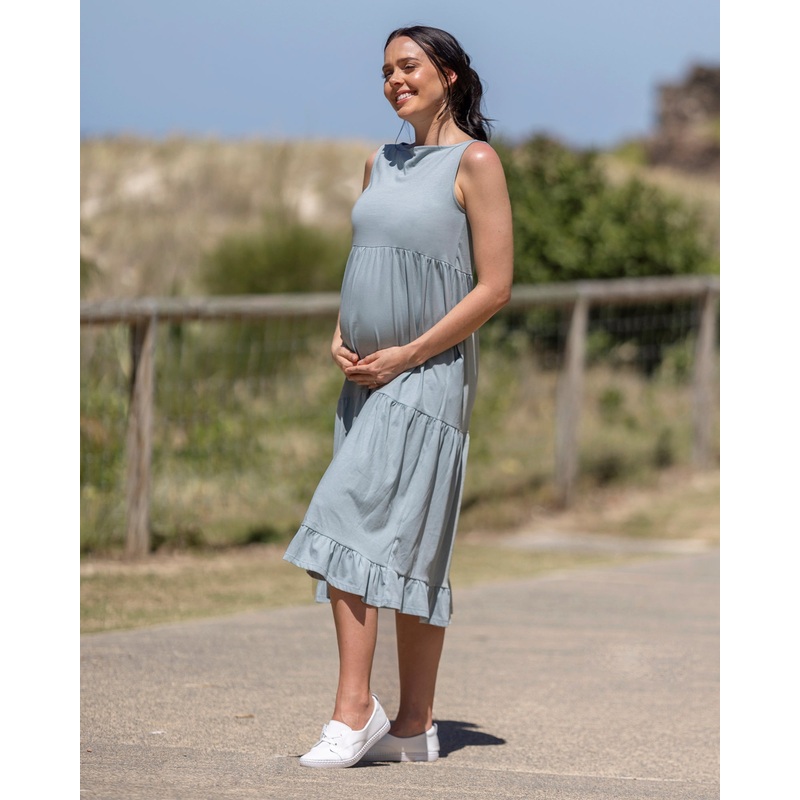 La Belle Maternity Cotton Dress In Pale Sage Blue XS