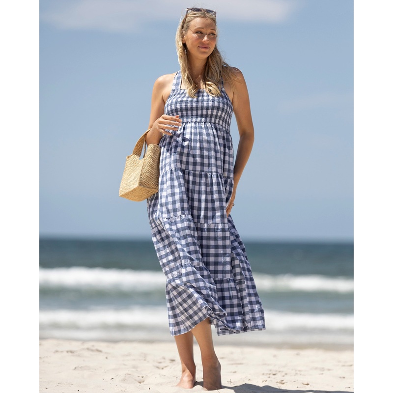 Lilliana Blue Gingham Summer Maternity Dress XS