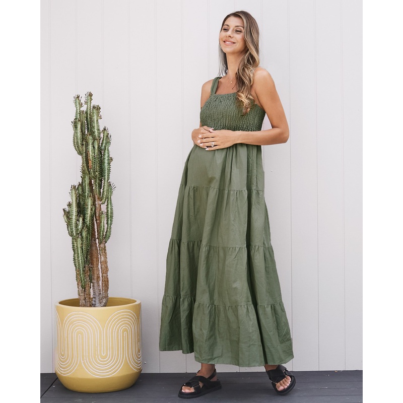 Lilliana Flowy Maternity Maxi Linen Dress in Olive XS