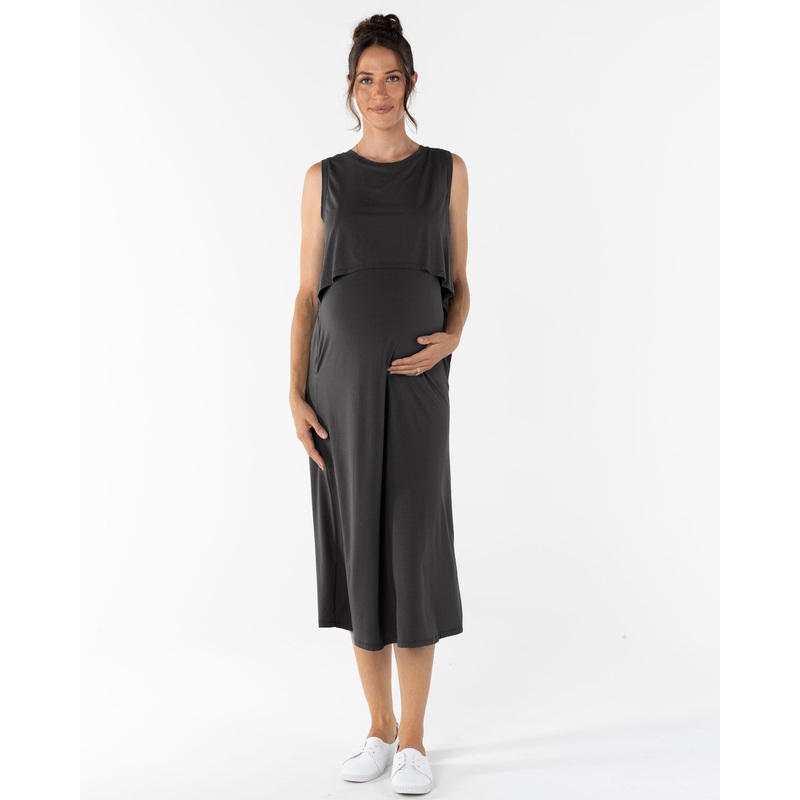 Manon Maternity & Breastfeeding Midi Dress in Black XS