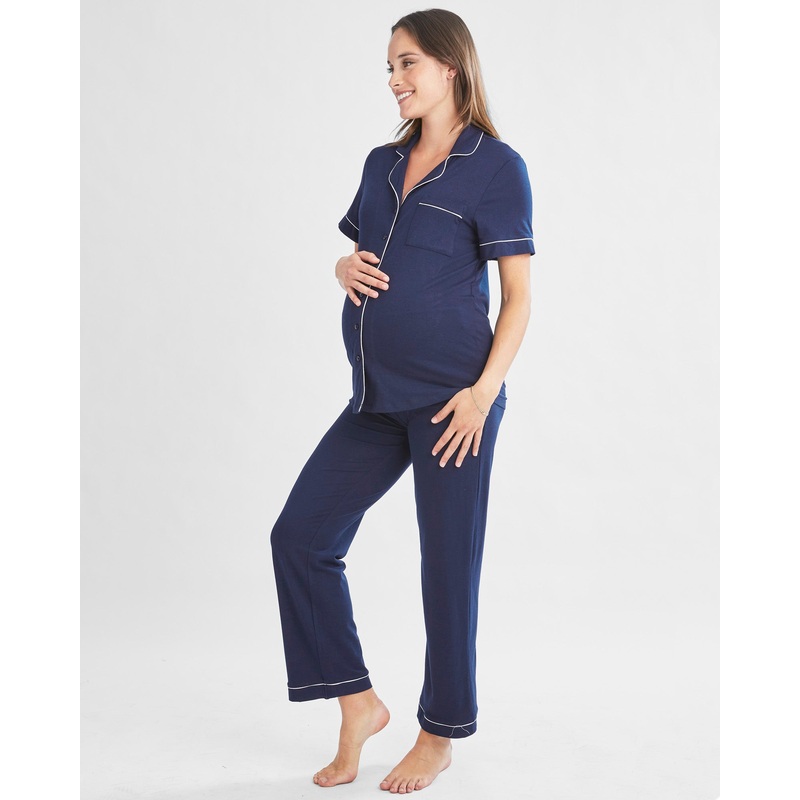 Maternity and Nursing Button Front Pajama Set in Navy XS
