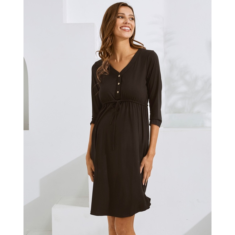 Maternity & Nursing Button Drawstring Dress in Black XS