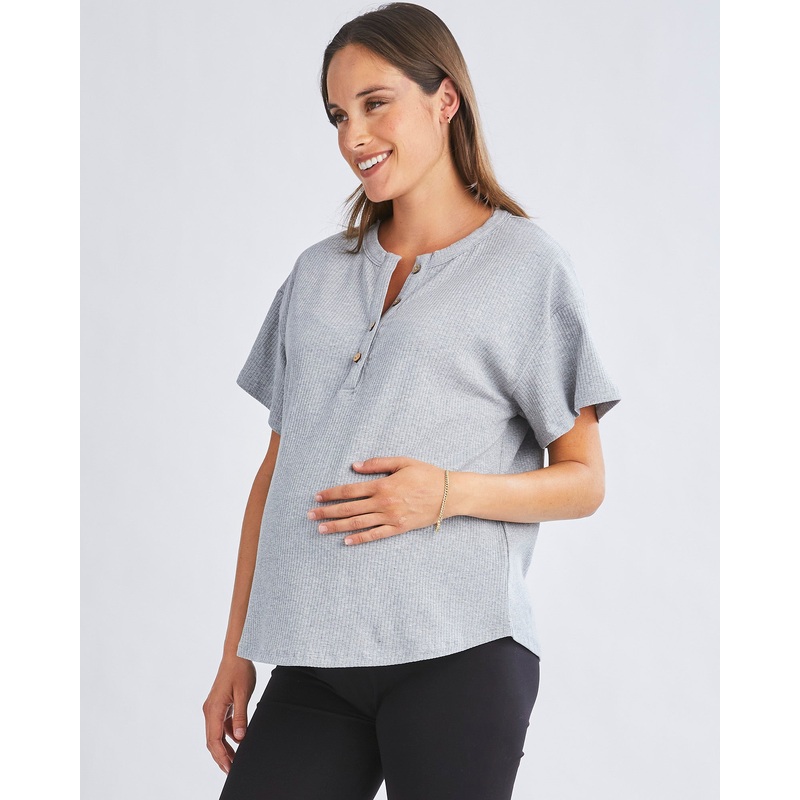 Simple Classic Ribbed Button Short Sleeve Top In Flower Grey XS
