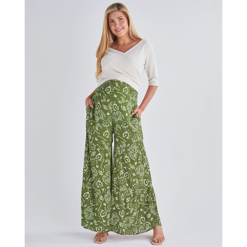 Stacie Wide Leg Maternity Pants in Green Paisley Print XS